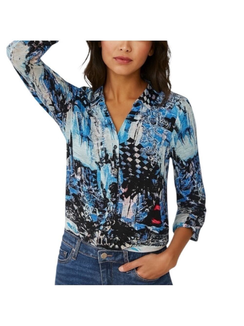 Tango Mango Blue Black Abstract Print Button Down Shirt L
